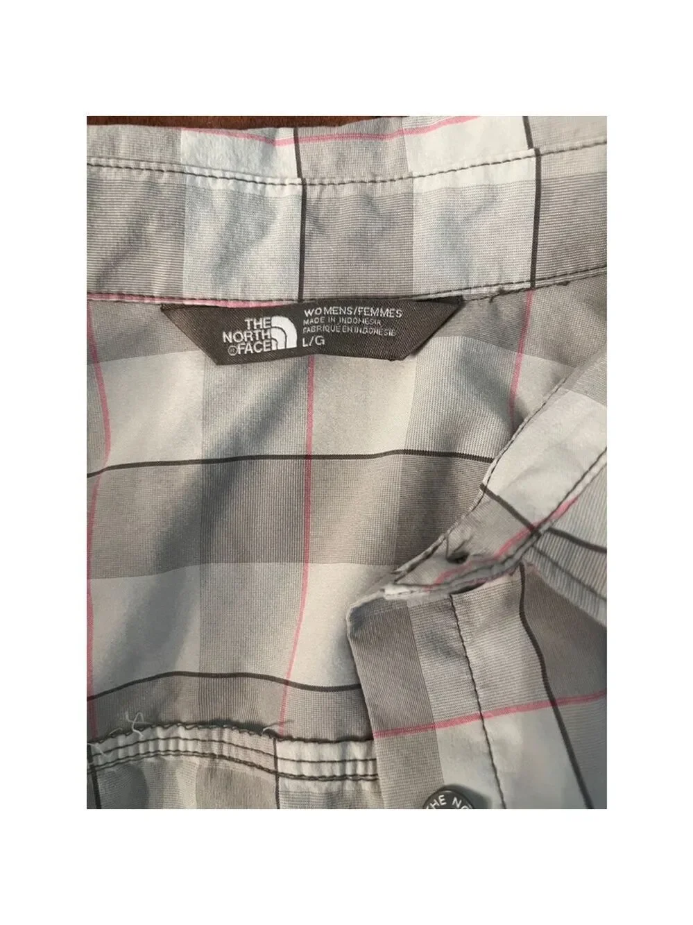 The North Face Grey and Pink Plaid Long Sleeve Button Up Shirt - Size L